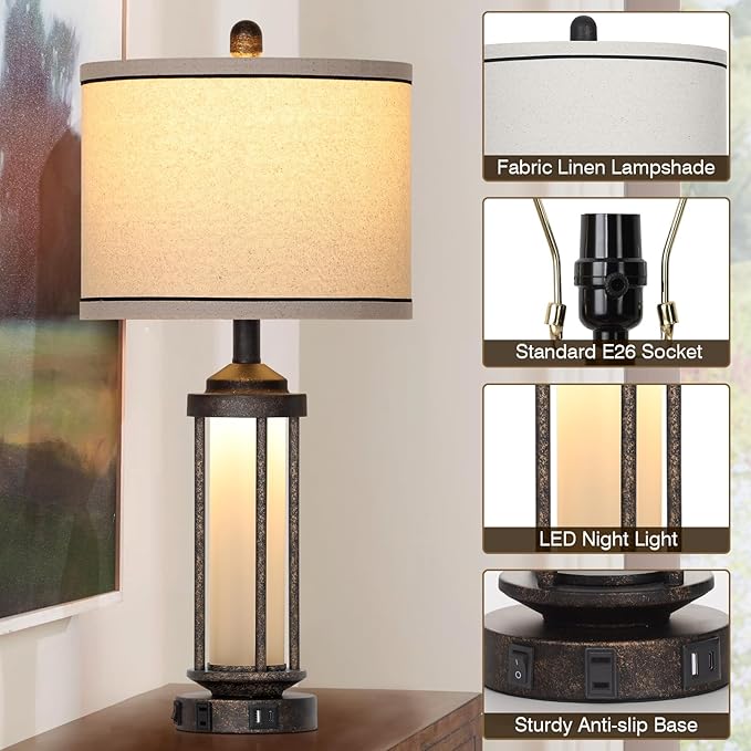 27" Farmhouse Industrial Table Lamps, Vintage Rustic Retro Beside Lamps with USB A+C Charging Ports & AC Outlet, Modern Nightstand Lamps with Glass LED Night Light for Living Room Bedrooms End Table