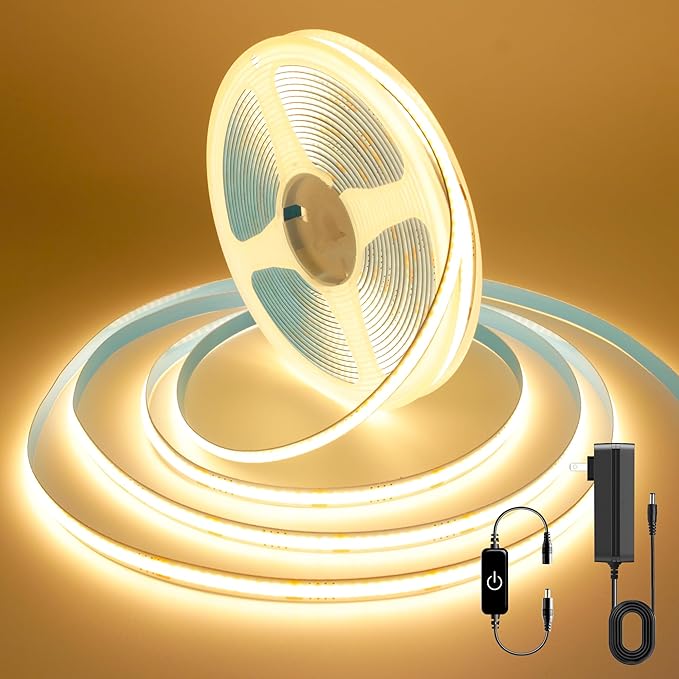 COB LED Strip, 16.4ft Warm White COB LED Strip Light, Dimmable LED Light Strip 2700K, CRI92+, 8mm Width, 24V Flexible LED Tape Light for TV, Bedroom, Kitchen Cabinet, Closet, Home Decoration.