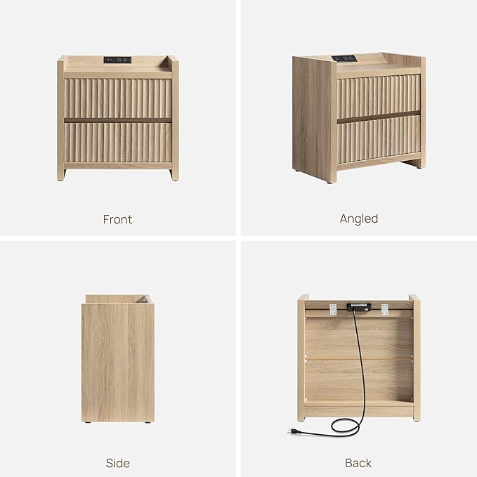 SICOTAS Fluted Night Stand Set 2 - Nightstands with Charger Station, Large Modern Bedside Table End Table with 2 Drawers, 25" Wide Farmhouse Nightstand for Bedroom (Light Oak, 2 Pieces)