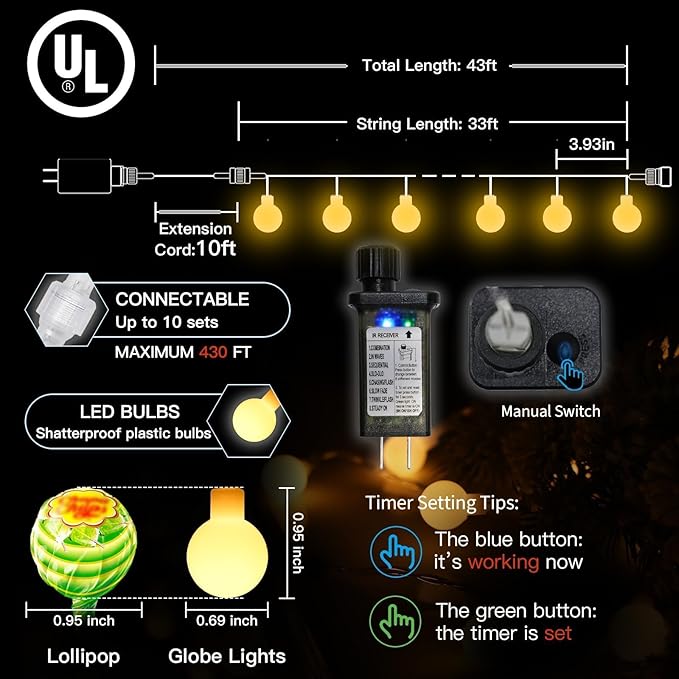 suddus String Lights for Bedroom, 33ft 100 Led Connectable Globe String Lights Indoor, Hanging Fairy Lights Plug in with Remote for Kids Room Dorm Classroom Outdoor Christmas Tree Decor, Warm White