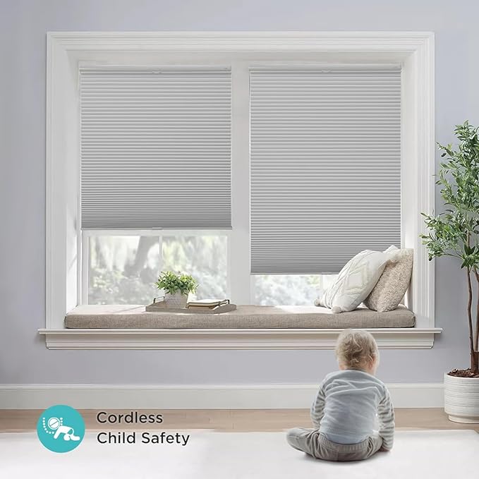 Joydeco No Tools No Drill Blinds for Indoor Windows, Cordless Window Blinds Cellular Shades Top Down Bottom Up Blackout Honeycomb Blinds Thermal Insulated Noise Reduction (Grey, 28" W x 64" H)