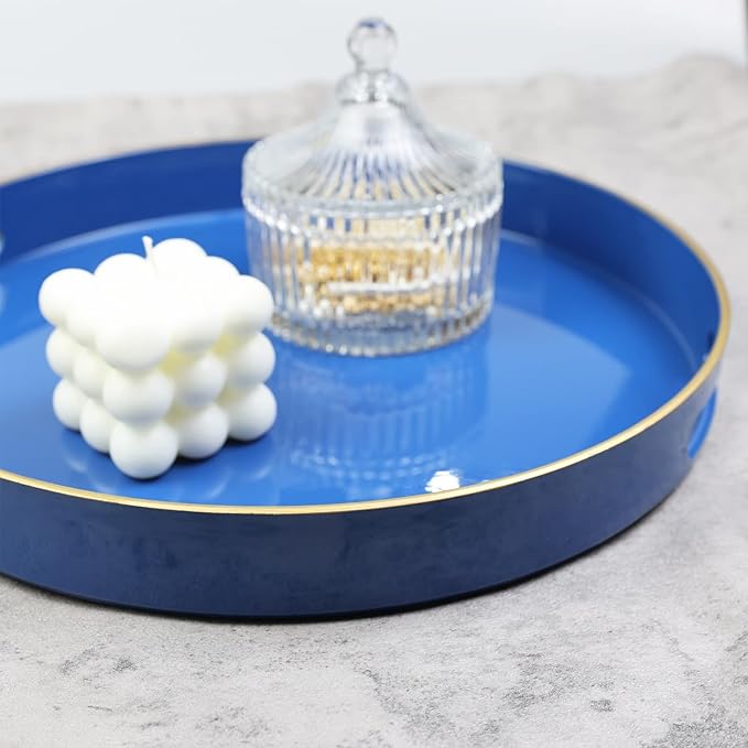 Spsyrine Round Navy Blue Decorative Tray, 13" Plastic Serving Table Tray with Handles for Breakfast,Modern Ottoman Tray for Coffee Table, Bathroom, Kitchen, Living Room