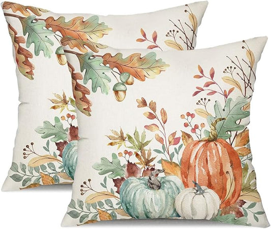 DFXSZ Fall Pillow Covers 18x18 inch Set of 2 Orange and Green Watercolor Pumpkin Fallen Leaves Decorative Throw Pillow Covers Autumn Thanksgiving Farmhouse Decoration for Home Couch TH27-D18
