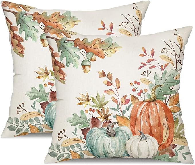 DFXSZ Fall Pillow Covers 16x16 inch Set of 2 Orange and Green Watercolor Pumpkin Fallen Leaves Decorative Throw Pillow Covers Autumn Thanksgiving Farmhouse Decoration for Home Couch TH27-D16