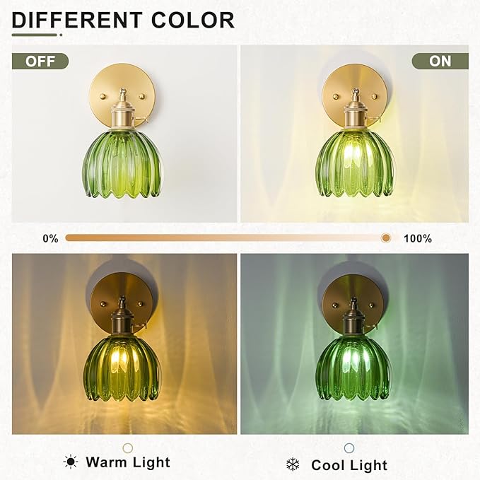 Wall Sconces Set of Two Hardwired, Vintage Wall Sconce Light with Tulip Green Glass Lampshade, Bathroom Wall Sconces with Switch, Gold Wall Light Sconces Wall Decor Set of 2