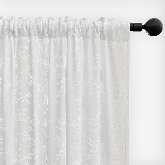 Anmao White Semi Sheer Light Filtering Curtains 54 Inches Long 2 Panels, Branch Pattern Drapes for Living Room Bedroom, Rod Pocket Privacy Window Treatments with Floral Design, 52x54 Inch