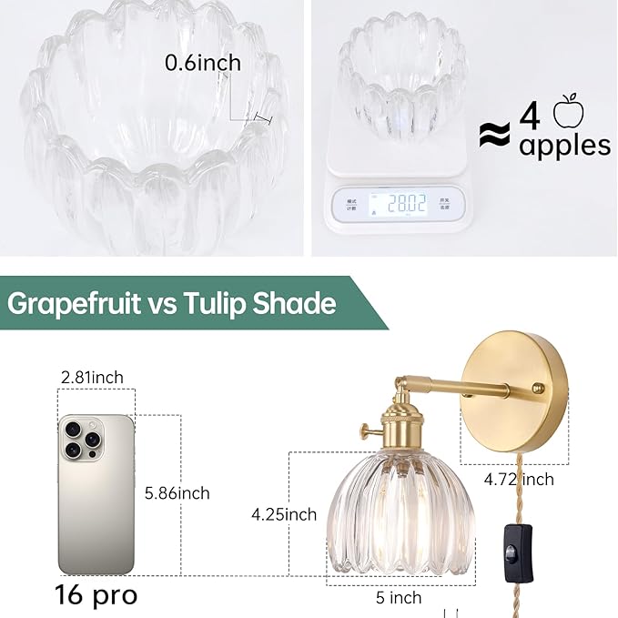 Plug in Wall Sconce, Cute Transparent Tulip Glass Lampshade Wall Light Plugin Corded for Bedside Bedroom Doorway