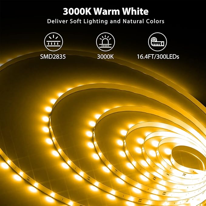 DAYBETTER Warm White LED Strip Light,16.4 ft Dimmable Bright Rope Light,3000K 12V LED Light Strip,Super Bright LED Tape Lights for Bedroom,Kitchen,Mirror,Home Decoration