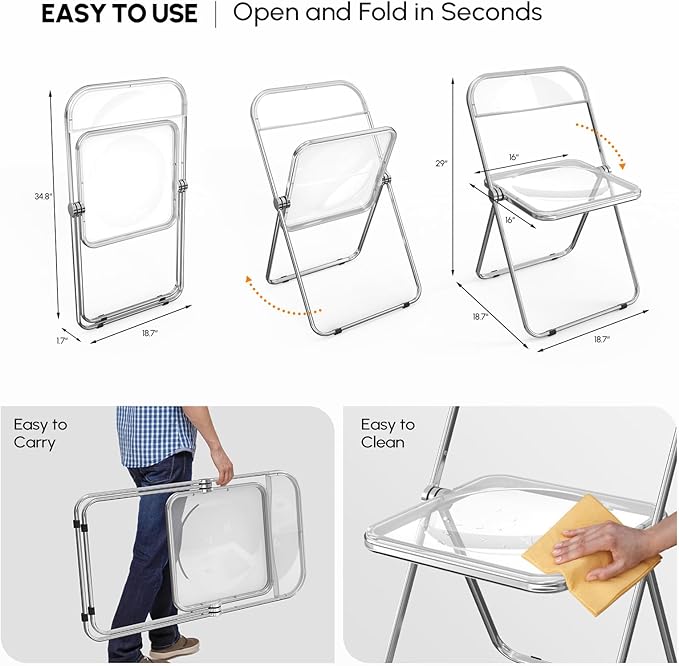 VINGLI Acrylic Folding Chairs 2 Pack, Clear Chair Foldable and Stackable, Plastic Panel & Metal Chrome Frame, Weight Capacity 350 lbs, Transparent