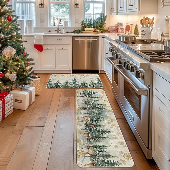 Artoid Mode Xmas Trees Deer Snowflakes Christmas Kitchen Mats Set of 2, Winter Home Decor Low-Profile Kitchen Rugs for Floor - 17x29 and 17x59 Inch