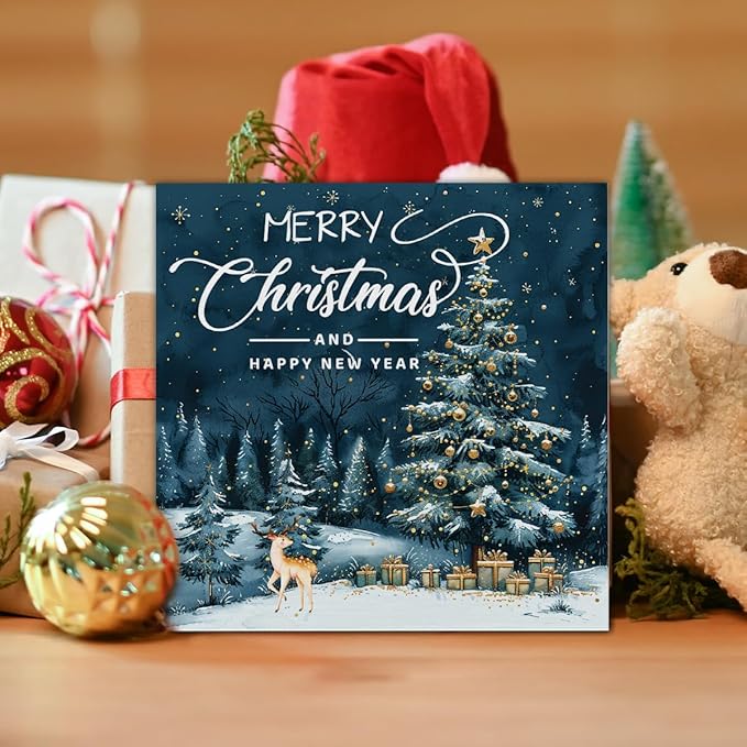 Christmas Signs, Merry Christmas Wooden Sign Deer Decor, Happy New Year Wooden Block Sign, Christmas Home Decor for Table Shelf 5 x 5 Inch
