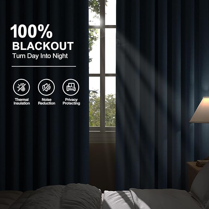 100% Blackout Curtains for Bedroom 90 inch Length 2 Panels Set, Farmhouse Linen Textured Full Light Blocking Room Darkening Thermal Insulated Drapes for Living Room (W52xL90, Dusty Blue)