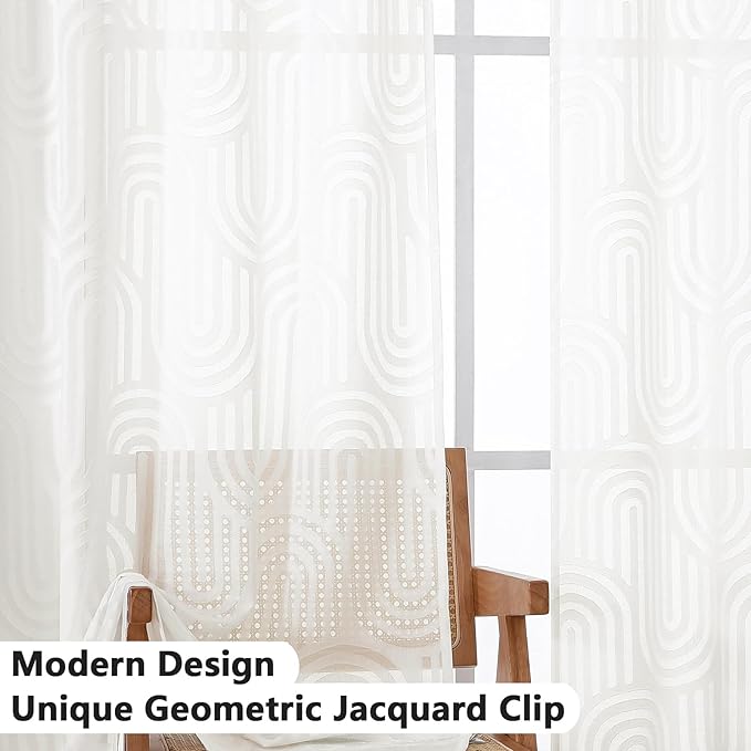 Simplebrand Sheer Ivory Curtains 72 Inches Long 2 Panels for Window, Geometric Mid Century Light Filtering Semi Sheer Curtains for Front Back Patio Glass Door with Rod Pocket, 42" Wx72 L