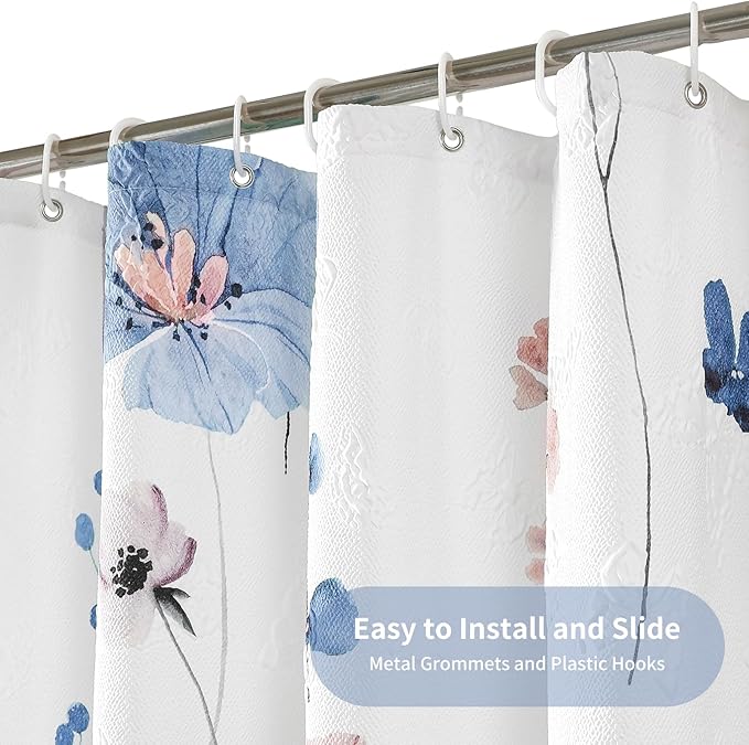 QiyI Watercolor Floral Shower Curtain, 3D Embossed Butterflies Blue Pink Flower Bathroom Curtain, Minimalist White Cloth Bath Curtain, Waterproof Fabric Textured Shower Curtain Set with Hooks, 72x72