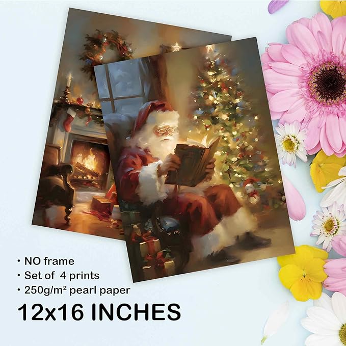 TLESKE Vintage Winter Christmas Posters Prints Unframed Set of 4, Rustic Christmas Tree Wall Art Prints Decor for Living Room Bedroom Reading Nook Corner, Santa Claus Books Wall Pictures, 12x16 Inches