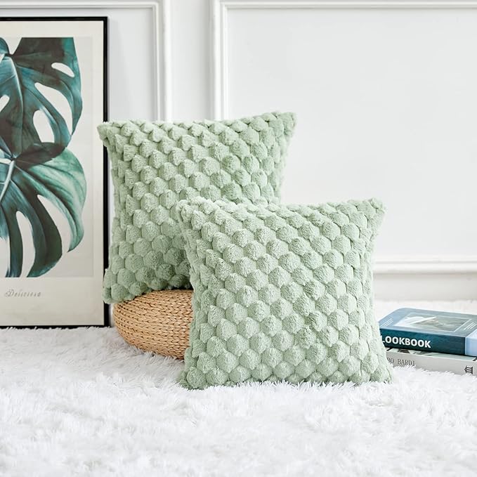 Yaertun Pack of 2 Super Soft Cozy Decorative Throw Pillow Covers Fuzzy Plush Faux Fur Luxury Cushion Cover Pillowcase for Sofa Couch Bed Livingroom 16x16 Inch Sage Green