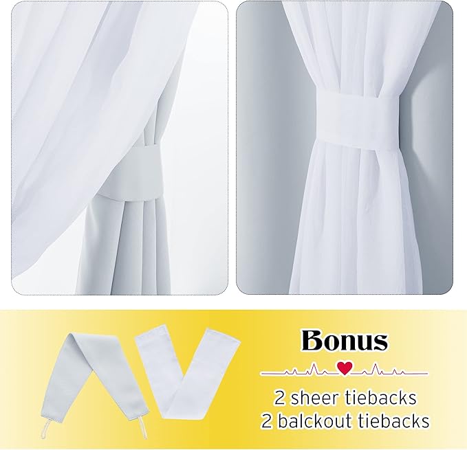 NICETOWN Double Layers Light Blocking Mix & Match Crushed Voile and Blackout Curtains with 4 Tie-Backs for Bedroom Window, Cortinas para Sala (Platinum, Set of 2, W52 x L72)