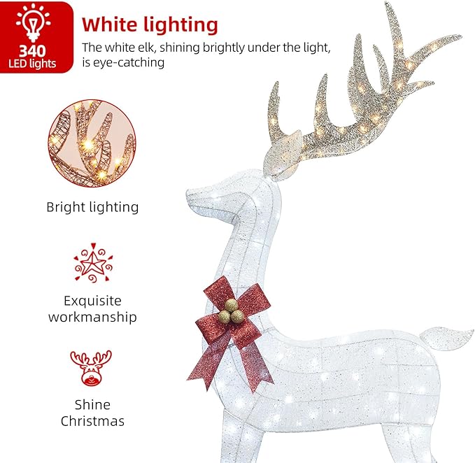 HOYECHI 6.5 FT Oversized Christmas Decorations Outdoor Lighted Reindeer β 3-Piece 3D Deer Family Set with 340 Warm White LED Lights for Yard, Lawn, Garden & Porch Holiday Display - White