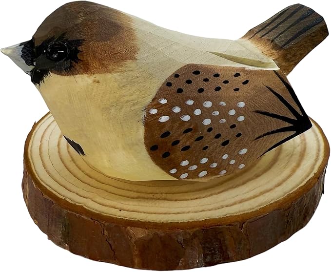 Wooden Bird Figurines Funny Desk Accessories Hand Carved Wood Decorative Small Birds Animal Miniature Statues Ornament for Home Room Decor (Brown Dots)