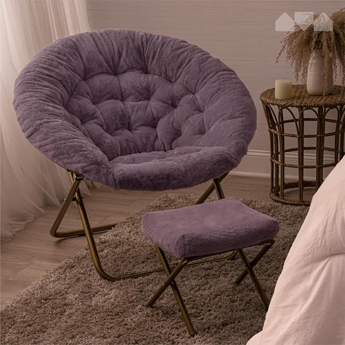 Milliard Cozy Chair with Footrest Ottoman/Faux Fur Saucer Chair for Bedroom/X-Large (Purple)