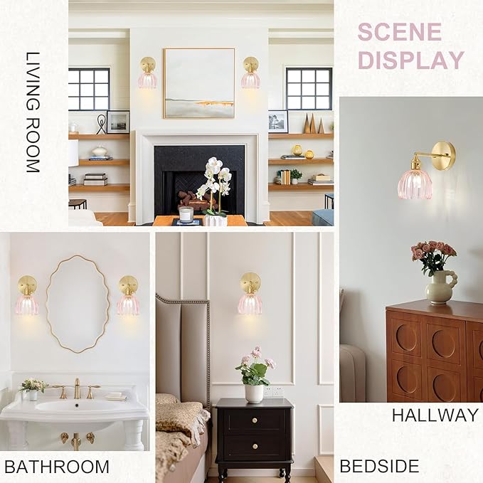 Hardwired Wall Sconce Light, Vintage Wall Sconce with Switch, Gold Wall Light Fixture with Tulip Pink Glass Lampshade, Indoor Wall Light for Bedroom Bathroom, Bedside Wall Lamp