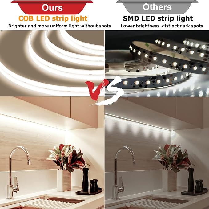 COB LED Strip Light 4000K, 24ft Dimmable Natural White LED Strip Light, CRI92+, DC24V Tape Light with RF Remote, Timer Function, Bluetooth App Control for Home Bedroom Kitchen DIY Lighting.