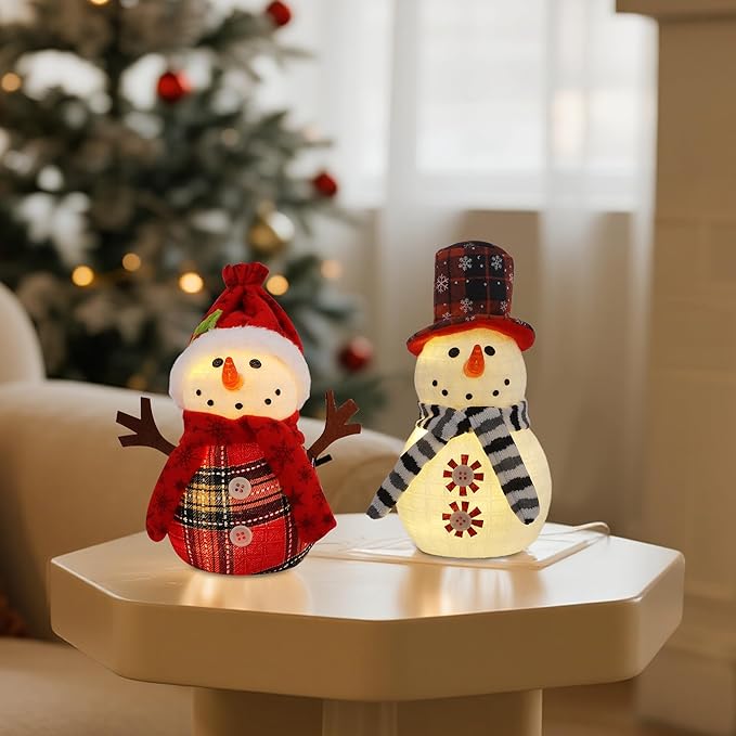 Christmas Table Decorations, 2 Pcs Snowman with Warm White LED Lights, Xmas Table Top Snowmen Decor for Winter Home Kitchen Mantle Room Office Holiday Party