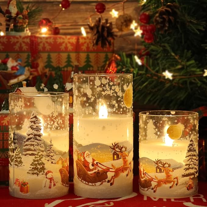 DRomance Santa Claus Glass Flameless Candles Battery Operated Remote and Timer Real Wax LED Flickering Pillar Candles White Cold Light Window Christmas Holiday Decor D3 x H4, 5", 6"