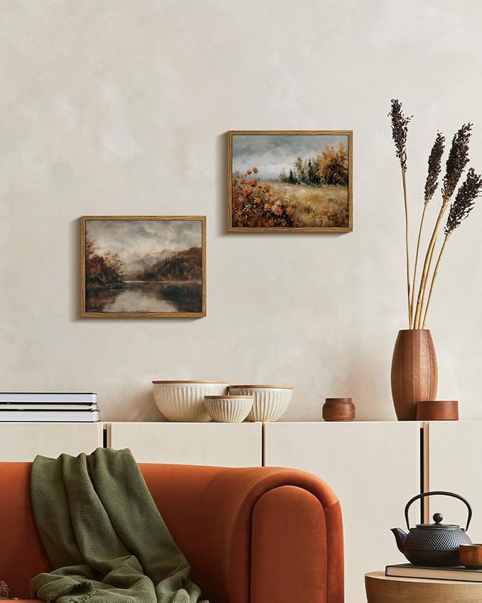 KISSFOX Vintage Autumn Lake Landscape Canvas Wall Art Fall Moody Farmhouse Rustic Country Painting Framed Wall Art Prints Artwork For Living Room Bedroom Kitchen