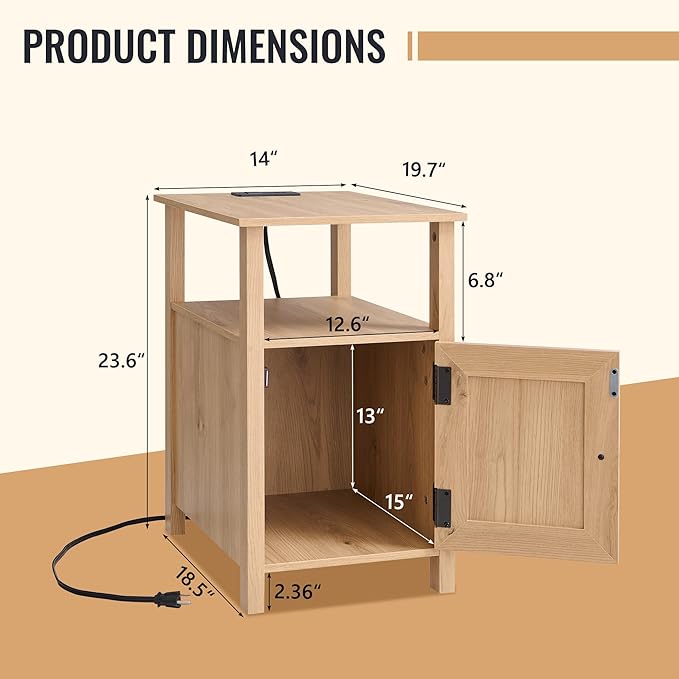 Farmhouse Nightstands Set of 2, Narrow Bedside Table with Charging Station, Night Stand Set 2 with Storage & Open Shelf, End Tables w/Groove Barn Door for Bedroom, Living Room-Natural