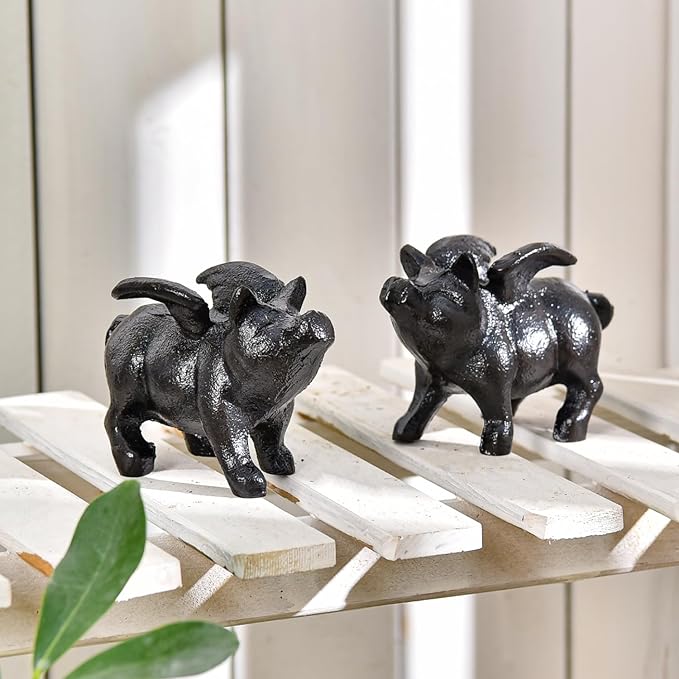 Sungmor Whimsical Cast Iron Flying Pig Statue, 2pcs Rustic Black Cute Little Piggy Paperweight, Garden Collection Figurine Home Office Desk Ornament, Indoor Outdoor Animal Statues