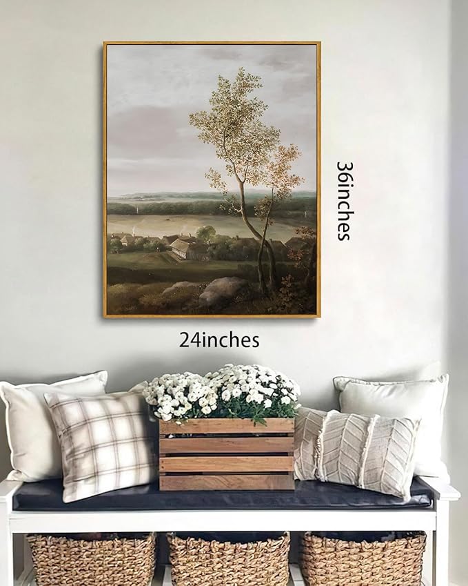 KISSFOX Vintage Farmhouse Landscape Canvas Wall Art Fall Rustic Countryside Framed Wall Art Autumn Cottagecore French Country Scenic Tree Art Prints Artwork For Living Room Bedroom Kitchen