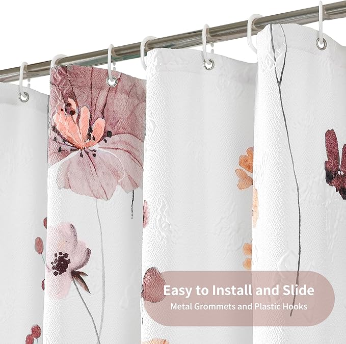 QiyI Small Stall Shower Curtain 36 x 72, Narrow Half Watercolor Floral Bath Curtain, 3D Embossed Pink Brown Flower Cloth Bathroom Curtain, Waterproof Fabric White Shower Curtain Set with Hooks
