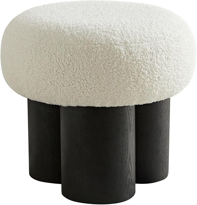 Mushroom Foot Stool, Round Teddy Fabric Ottoman with Non-Skid Legs, Small Footrest for Under Desk, Sofa Couch, Shoe Changing at Entrance, Living Room Bedroom Office (White & Black)