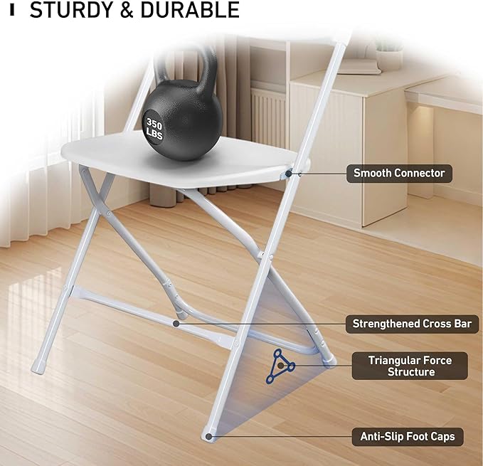 50 Pack Plastic White Folding Chairs with 350-LBS Capacity, Lightweight Portable Indoor Outdoor Chairs, Stackable Commercial Seat with Steel Frame for Office, Party, Graduations, Kitchen
