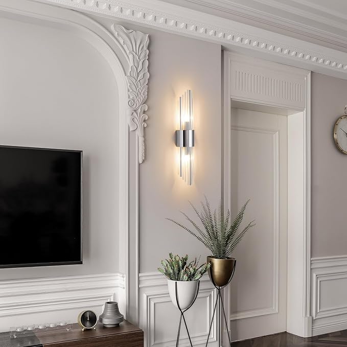 Modern Crystal Wall Sconce, Chrome Finish Wall Sconce, Made of Stainless Steel and Crystal Strip, 21.3 x 4.7 x 2.4 Inches, with 2 E12 Light Sources, Hardwired, Non-Rechargeable