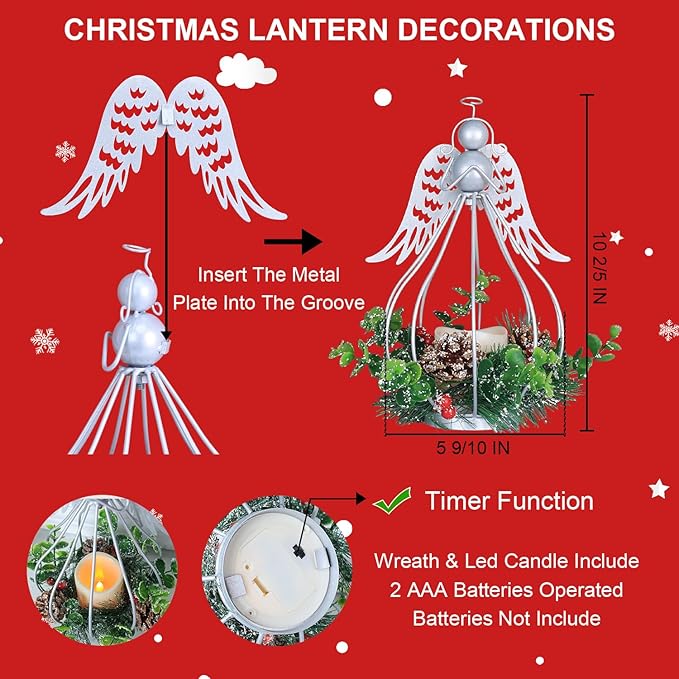 DECORKEY Christmas Decorations Outdoor&Indoor, 2PCS Andrew Candle Holders with Pine Cone, red Berry Wreath, Decorative Lanterns for Porch Centerpiece Table Decor Gift