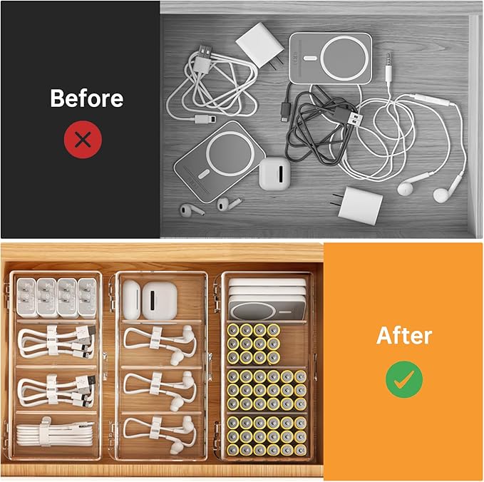 2 Pack Cable Organizer Box with Lid, Clear charging cord organizer box with 4 Compartments & 20 Wire Ties, Charger Cord Storage for Desk Drawer, Home Office Organization Accessories