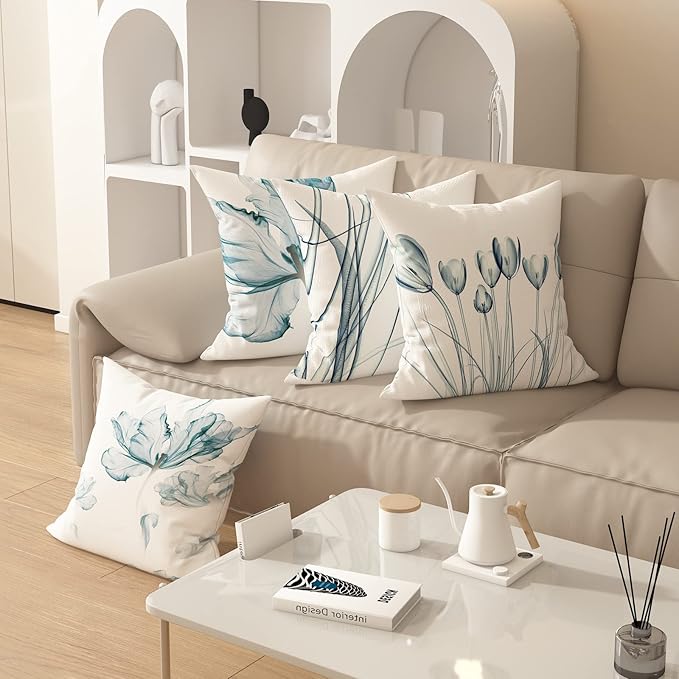 Textured Modern Minimalist Pillow Cover with Creative Floral Print, Digital-Printed Square Cushion Cover for Living Room Sofa (24 * 24inch-03024)