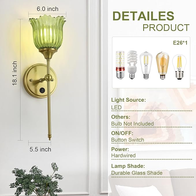 Modern Wall Sconces with Green Flower Glass Shade 1 Pack, Mid Century Bathroom Vanity Wall Light Fixtures Gold Vintage Wall Lights with Switch for Mirror Bedroom Living Room