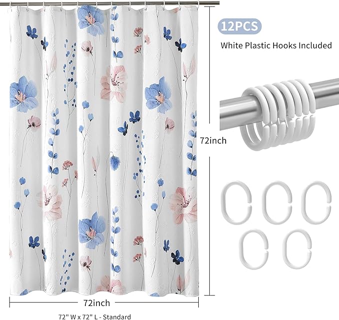 QiyI Watercolor Floral Shower Curtain, 3D Embossed Butterflies Blue Pink Flower Bathroom Curtain, Minimalist White Cloth Bath Curtain, Waterproof Fabric Textured Shower Curtain Set with Hooks, 72x72