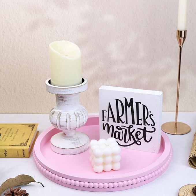 Pink Round Wood Decorative Ottoman Tray for Coffee Table Kitchen Counter, Living Room, Handcrafted Wooden Serving Tray for Table Centerpiece