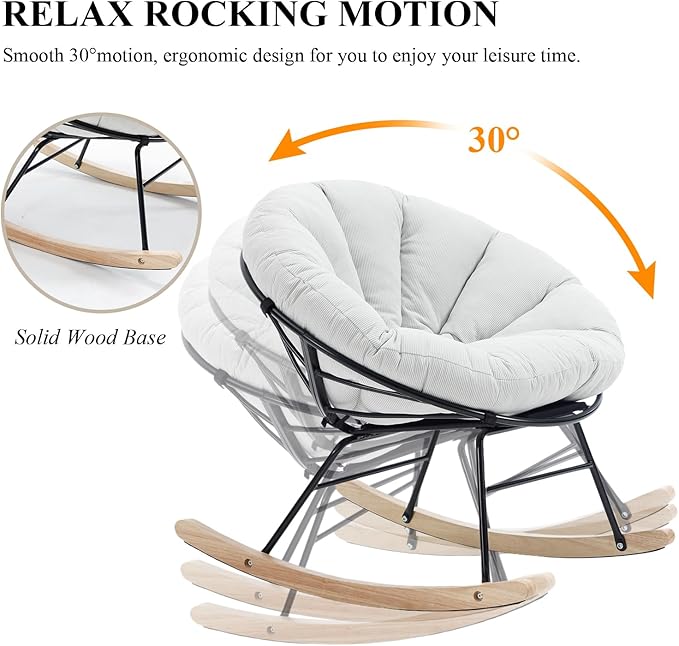 NIOIIKIT Nursery Saucer Rocking Chair, Corduroy Upholstered Round Glider Chair, Nursing Chair with Comfy Cushion, Tufted Papasan Chair, Cozy Reading Chair for Living Room, Bedroom (Beige)