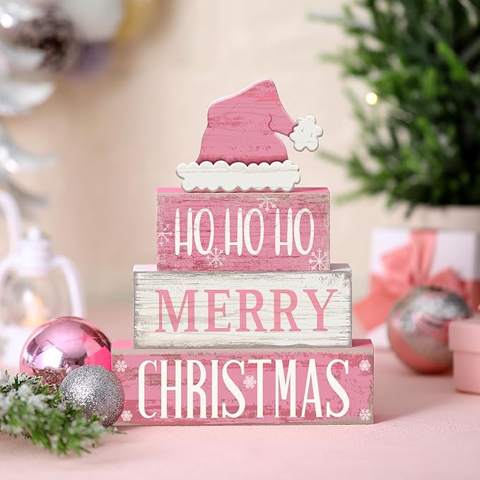 4 Pcs Christmas Table Decorations Pink Santa Hat Decor Christmas Tiered Tray Decor Rustic Wood Pink Hat Block Sign Gift Xmas Table Centerpiece Farmhouse for Home Shelf Kitchen Decorations