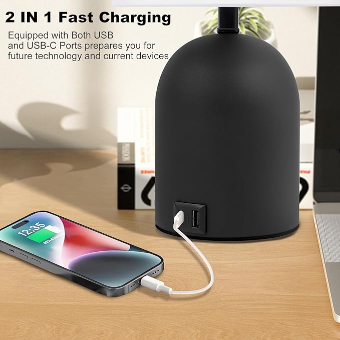 Bedside Table Lamp for Bedroom, 3 Way Dimmable Touch Nightstand Lamp with USB C and A Ports Small Table Desk Lamp for Bedroom, Living Room, Reading Room, Kids Room, Office, Dorm Black/White