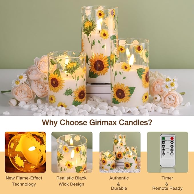 Sunflower Glass Flameless Candles with Remote, Battery Operated Flickering LED Pillar Candles Set of 3
