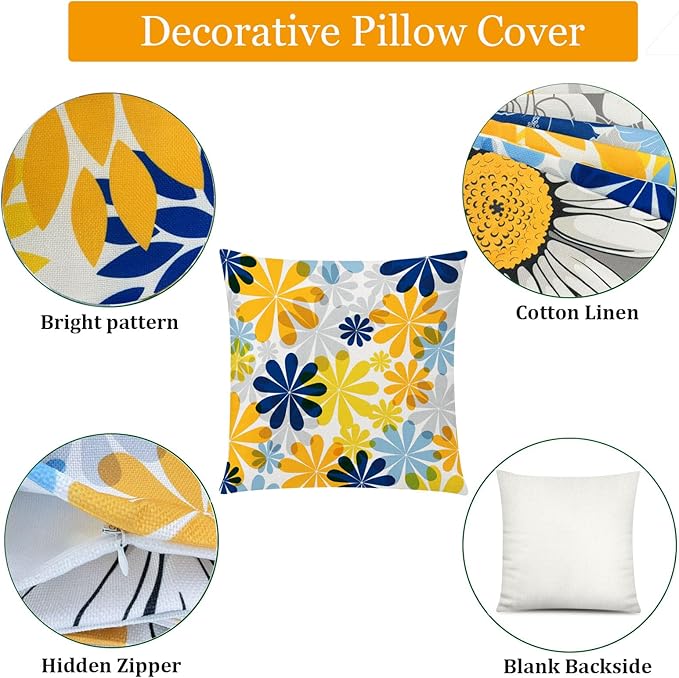 Yellow Blue Throw Pillow Covers 20x20 Set of 6, Daisy Dahlia Flower Pillow Cover, Decorative Square Cushion Cover, Farmhouse Pillowcase for Sofa Bedroom Living Room Farmhouse Home Decor