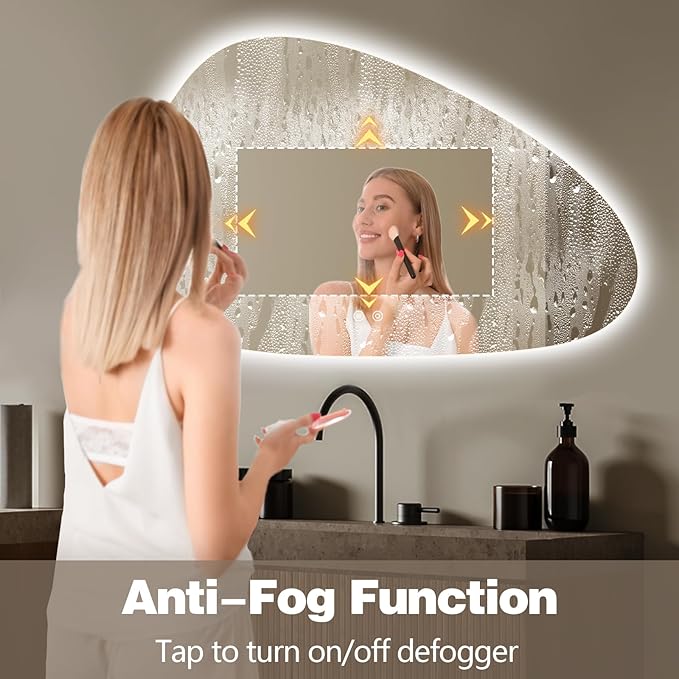 Niccy Irregular LED Bathroom Mirror, 30"x48" Asymmetrical Backlit Vanity Wall Mirrors, Frameless Lighted Mirrors for Bedroom, Living Room, Modern Smart-Mirror with Anti-Fog, Dimmable, Memory Function