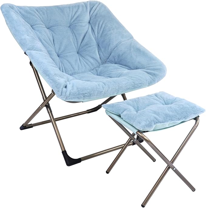 Kokel Plush Folding Chair and Ottoman Padded Metal Frame Living Room Chair (BLUE-TM19)