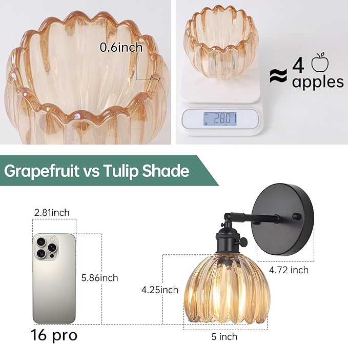 Vintage Wall Sconce with Cute Amber Tulip Glass Lampshade 180 Degree Adjustable Black Sconce Hradwired Modern Wall Lighting Fixture with Switch for Bedside Bedroom Doorway